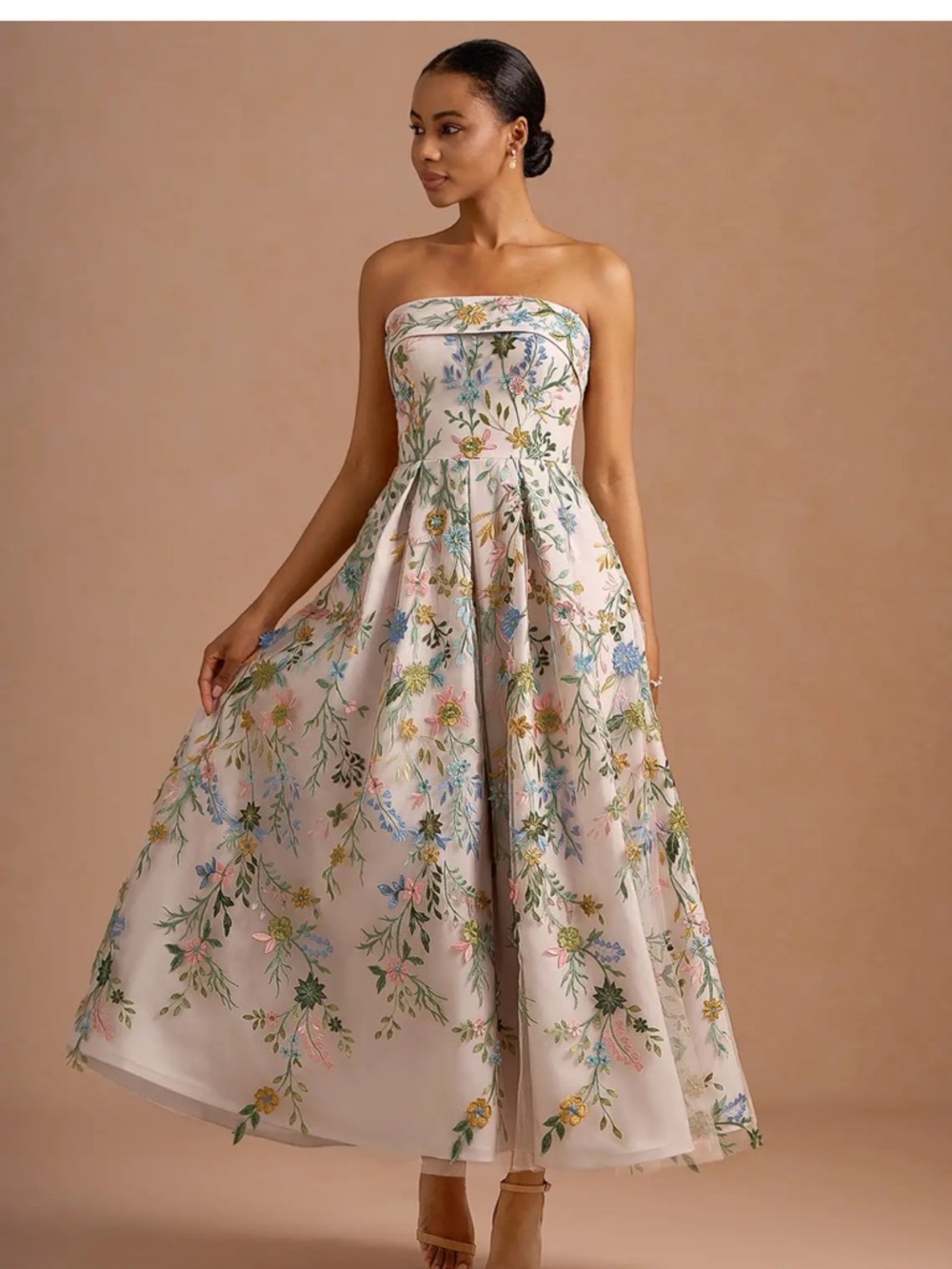 Azazie Strapless Floral Midi Dress in Blush Pink with Multicolor Embroidery